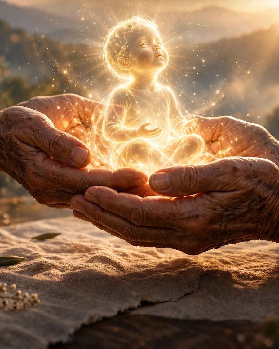 Mãos envelhecidas que acolhem uma criança feita de luz, ao nascer do sol